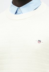 Mies pukeutuneena vaaleansiniseen napitettuun paitaan ja valkoiseen teksturoidusta neuleesta tehtyyn puseroon, jossa on pieni punaisen, valkoisen ja sinisen kirjailun muotoinen kilven muotoinen logo rinnassa.