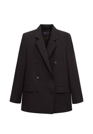 Blazer doppiopetto nero con collo a lancia, sei bottoni, tasche a patta e maniche lunghe, adatto per un abbigliamento formale o da lavoro.