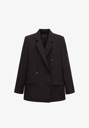 Crni dvoredni blejzer s urezanim reverima, sa šest gumbiju, džepovima s poklopcima i dugim rukavima, prikladan za formalnu ili poslovnu odjeću.