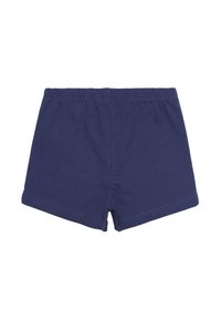 Pantaloni corti in cotone blu navy con vita elastica e taglio dritto. Texture liscia con design semplice; senza pattern o dettagli visibili.