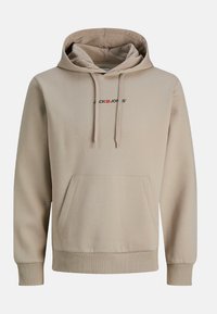 Beige hoodie with a front kangaroo pocket, drawstrings, and logo in black and red. Made of soft fabric with ribbed cuffs and hem.