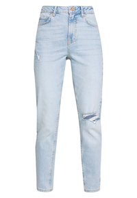 Ljust blå denimjeans med hög midja, smalnande ben och slitningar på vänster lår. Har en klassisk femficksdesign.