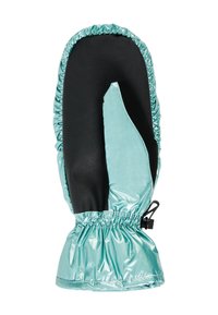 Turquoise en zwarte wanten gemaakt van glanzend, waterdicht materiaal. Voorzien van een elastische pols en een uniek gesplitst ontwerp voor vingerbedekking.