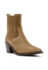 Tan suede ankle boot with pointed toe, elastic side panels, pull tab, and stacked block heel on white background.
