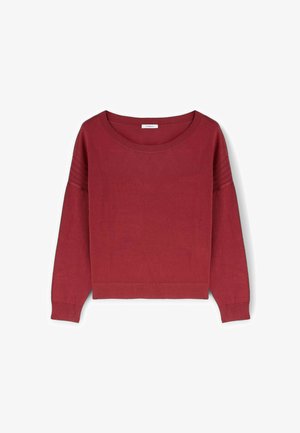 Rode, langmouwtrui van zachte brei-stof, met een brede halslijn en textuuraccenten op de mouwen, in een cropped ontwerp.