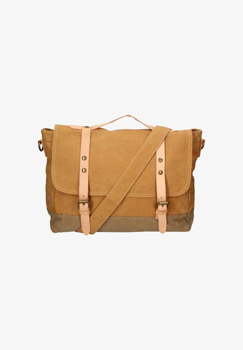 Sac messager en toile beige avec bandoulière ajustable, deux sangles à boucles sur le rabat avant, et une poignée supérieure, sur fond blanc.