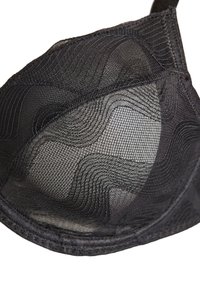 Schwarzer Spitzen-BH mit welliger Textur, aus halbtransparentem Material und aufwendiger Naht entlang der Kanten. Die gewölbten Cups sorgen für eine Formgebung.
