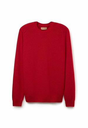 Roter gestrickter Pullover mit Rundhalsausschnitt, gerippten Bündchen und Saum sowie Raglanärmeln. Glatte Textur, gleichmäßige Farbe, keine sichtbaren Muster oder Akzente.