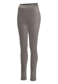 Grijze leggings gemaakt van zacht materiaal met een gladde textuur, met een brede tailleband en zonder zichtbare sluitingen of patronen.