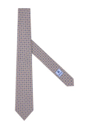 Helle beiger Schlips mit einem wiederholten kleinen blauen Blumenmuster. Der Stoff wirkt glatt, mit einem Etikett am schmalen Ende, das die Marke anzeigt.