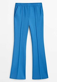 Blue, flared trousers made of smooth fabric. Features two front pockets and vertical pleats along the front for added structure and design.