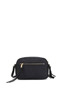 Borsa a tracolla nera testurizzata con zip e dettagli dorati. Forma squadrata, tracolla regolabile, dotata di una tasca frontale con zip. Fodera liscia.