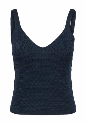 Black knitted sleeveless top with a V-neck and textured horizontal ribbed pattern.