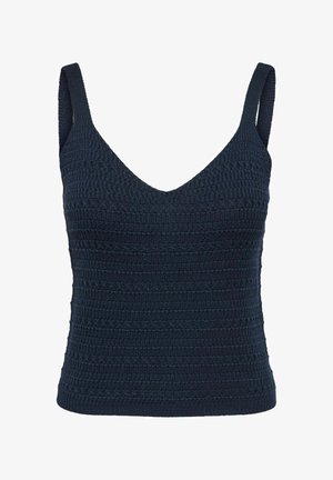 Black knitted sleeveless top with a V-neck and textured horizontal ribbed pattern.