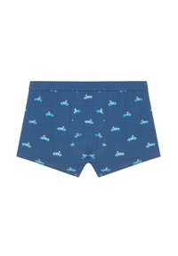 Boxer in cotone blu con un motivo di piccole auto e figure dei cartoni animati, dotati di una vita comoda e di un taglio classico.