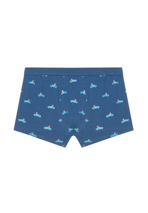 Blå bomulds-boxershorts med et mønster af små biler og tegneseriefigurer, med en komfortabel talje og klassisk snit.
