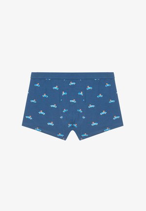 Blaue Baumwollboxershorts mit einem Muster aus kleinen Autos und Cartoonfiguren, mit einem bequemen Bund und klassischem Schnitt.
