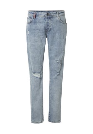 Jeans slim fit azzurri chiaro con strappi consumati su cosce e ginocchia, bottone frontale e design a cinque tasche.