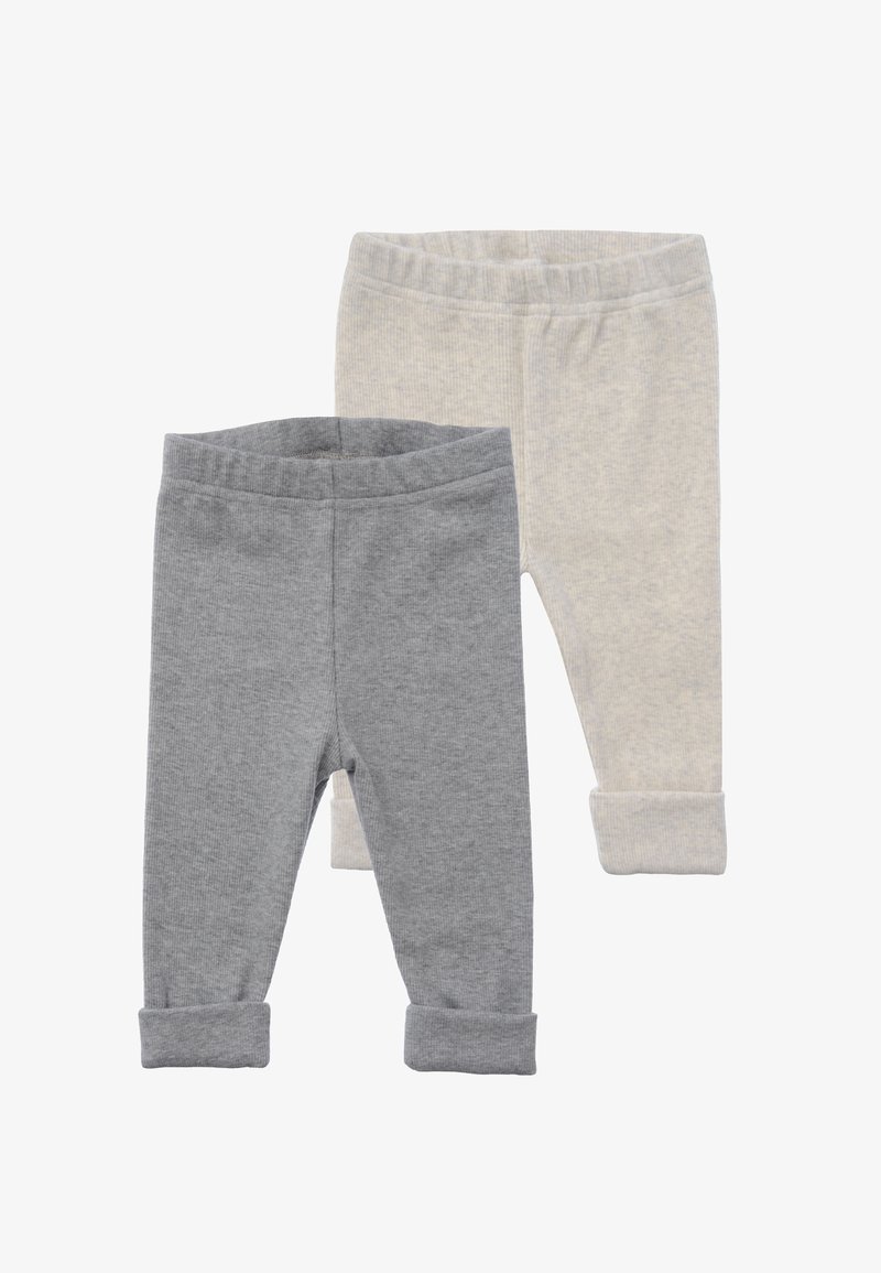 Zwei Paare Kinderleggings: eines in meliertem Grau mit Bündchen, das andere in hellcreme mit einer subtilen Textur und einem elastischen Bund.