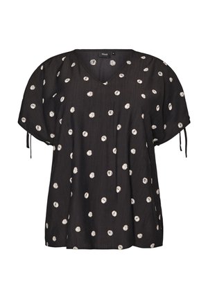 Čierna blúzka s krátkym rukávom s nepravidelnými bielymi bodkami, výstrih do V, voľný strih a šnúrky na rukávoch, veľkosť stredná.