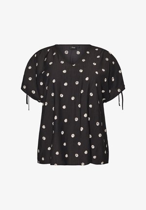 Blouse noire à manches courtes avec pois blancs irréguliers, col en V, coupe ample et cordons à nouer aux manches, taille moyenne.