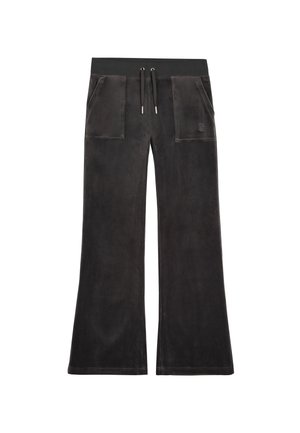 Black sweatpants made of soft material with a wide leg design, featuring two front pockets and a drawstring waistband.
