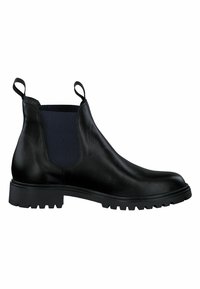 Black leather Chelsea boots with elastic side panels, rounded toe, and rugged rubber sole. Pull tabs for easy wear. Smooth texture.