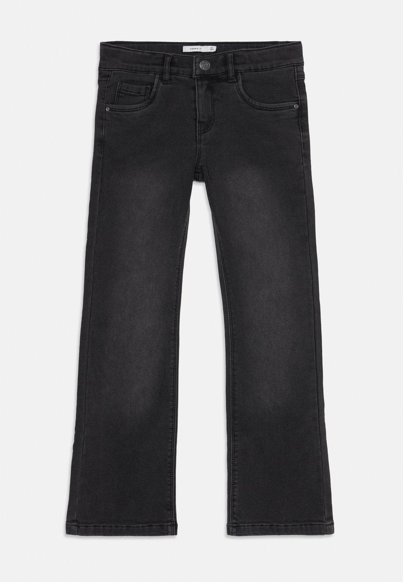 Jeans negre cu picioare drepte, cu buton frontal, încuietori pentru curea și design cu cinci buzunare, așezate pe un fundal alb.