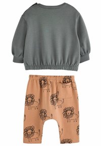 Grå langærmet babytrøje med elastisk kant, parret med brune bukser med et sort løve line drawing mønster og en lille lomme.