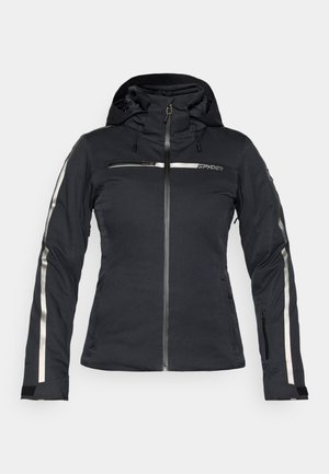 Damenjacke in Schwarz mit Kapuze, durchgehendem Reißverschluss, reflektierenden silbernen Streifen und Reißverschlusstaschen. Glattes, wetterfestes Material.