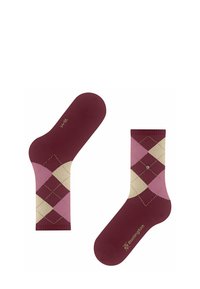 Burgunder- und cremefarbene Socken im Argyle-Muster mit pinken Akzenten, die eine gerippte Textur aufweisen und ein Burlington-Logo nahe der Fußspitze tragen.