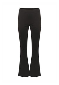 Leggings évasés noirs en matériau extensible, dotés d'une taille lisse et d'une coupe ajustée qui s'évasent à partir du genou.