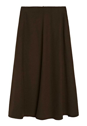 Brown, knee-length A-line skirt made of a smooth fabric. Features a simple design with a hidden zipper at the back.