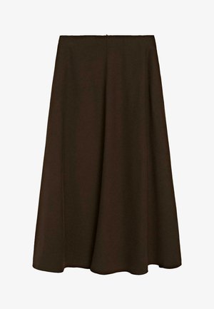 Brauner, knielanger A-Linien-Rock aus glattem Stoff. Hat ein einfaches Design mit einem verdeckten Reißverschluss auf der Rückseite.