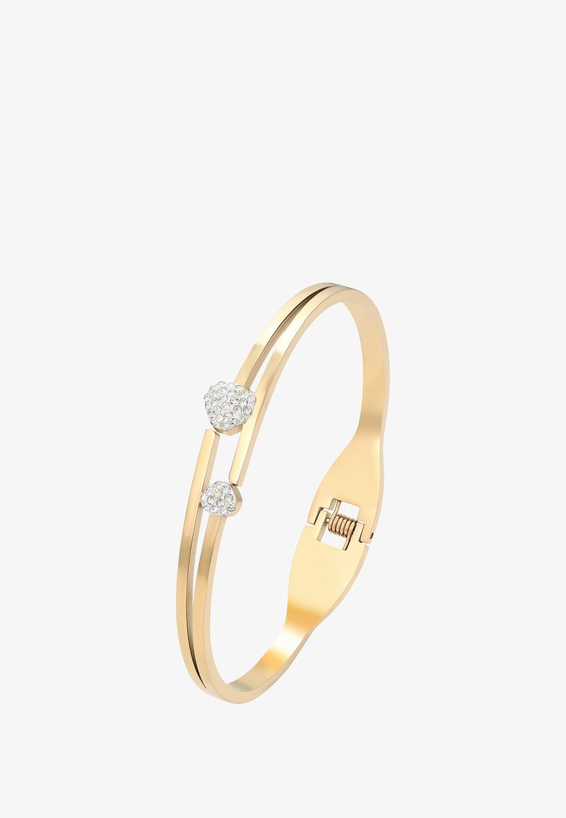 Kultaketju, jossa on kaksinkertainen nauha muotoilu, jossa on kaksi sydämenmuotoista riipusta, jotka on koristeltu pienillä kirkkailla jalokivillä.