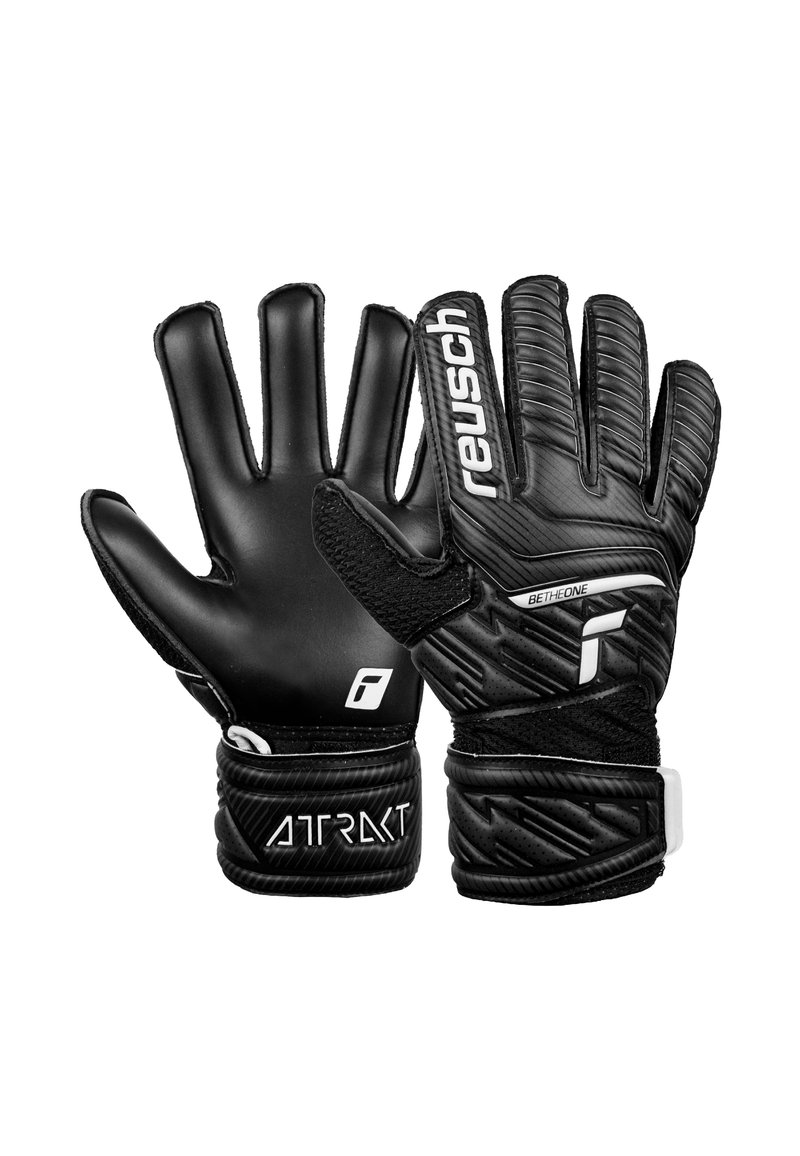 Gants de gardien de but noirs avec prise texturée, conception flexible des doigts et sangles de poignet renforcées. Présente des accents de logo blancs.
