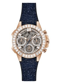 Montre chronographe en or rose avec un cadran gris, des accents en cristal et un bracelet en paillettes bleu marine. Comprend trois sous-cadrans et une lunette polie.