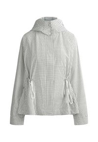 Veste blanche avec motif quadrillé noir, col montant avec boutons, manches longues et cordons à la taille de chaque côté.
