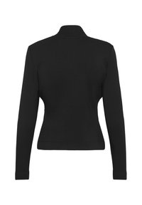 Juodas ilgomis rankovėmis marškinėliai su prigludusia forma, aukštu apykakle ir rūbų kojinėlėmis. Lygus paviršius ir minimalistinis stilius, be matomų puošmenų.