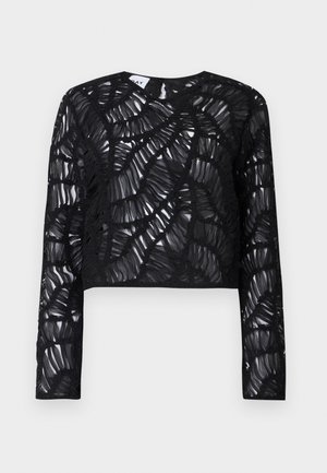 Black, long-sleeved crop top with a sheer, textured design featuring layered, wavy patterns and a round neckline.