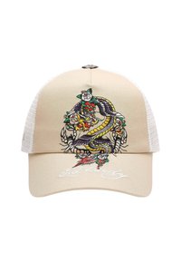 Beige baseball cap med farverigt broderet design med en drage og blomster, hvide net-sider og en signatur foran.