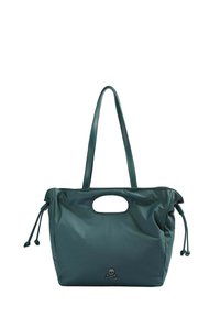 Borsa tote in nylon verde con manico arrotondato, lacci laterali regolabili e un prominente logo con teschio e tibie sulla parte anteriore.