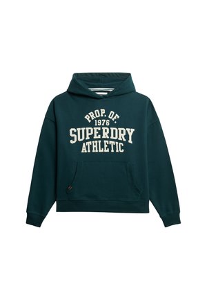 Sudadera de color azul marino hecha de tela suave, con un bolsillo tipo canguro, capucha con cordón y texto blanco "PROP. DE 1976 SUPERDRY ATHLETIC."
