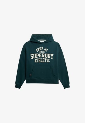 Tiefblauer Hoodie aus weichem Material, mit einer Kängurutasche, Kapuze mit Zugband und weißem Text "PROP. OF 1976 SUPERDRY ATHLETIC."
