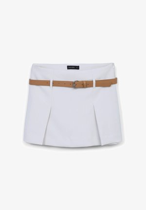 White mini skirt with a pleated design, a brown faux leather belt, and a back zipper. Brand label "CALLIOPE" visible at the waist.