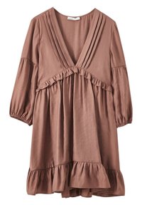 Braunes Midi-Kleid mit Rüschendetails, tiefem V-Ausschnitt, Dreiviertelärmeln und weichem, leichtem Stoff. Verfügt über Falten und einen ausgestellten Rock.