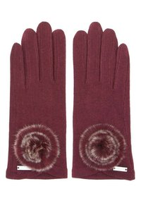 Burgundské pletené rukavice s kulatou umělou kožešinovou pom pom ozdobou na zápěstí. Texturovaná látka, slim fit a žádné viditelné kování.