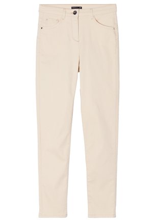 Jeans skinny in denim beige con vita classica, due tasche frontali e un piccolo logo. Texture liscia e design aderente.