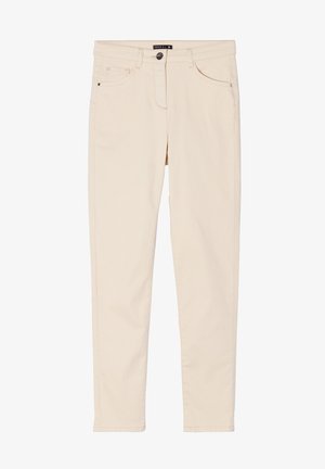 Beige Denim-Skinny-Jeans mit normalem Bund, zwei Vorderentaschen und einem kleinen Logodesign. Glatte Textur und schlankes Design.