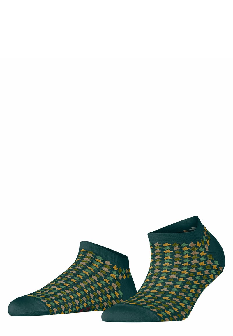 Chaussettes longueur cheville en vert foncé avec un motif géométrique en jaune, gris et marron. Matière douce avec un bord côtelé pour plus de confort.